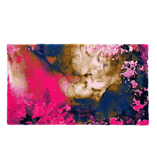 Abstract art piece with pink, blue, and beige colors on a white background
