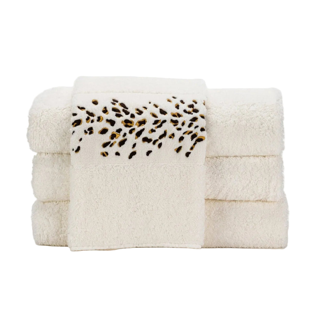 Stack of cream-colored towels with a leopard print design on a white background