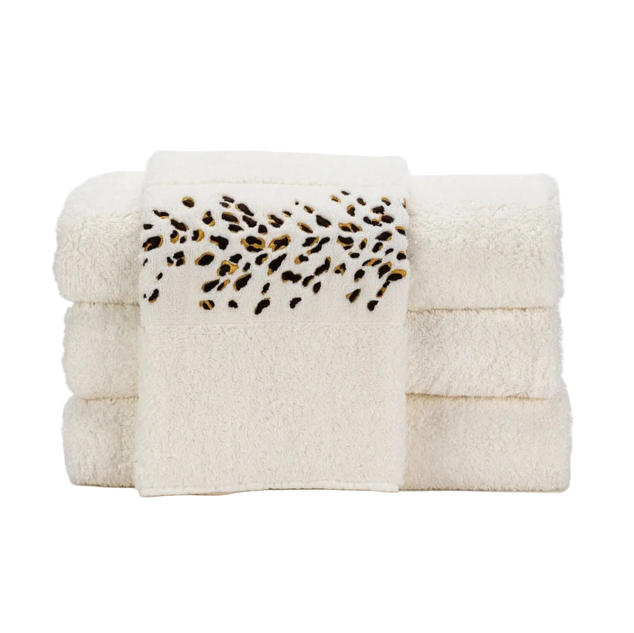 Stack of cream-colored towels with a leopard print design on a white background