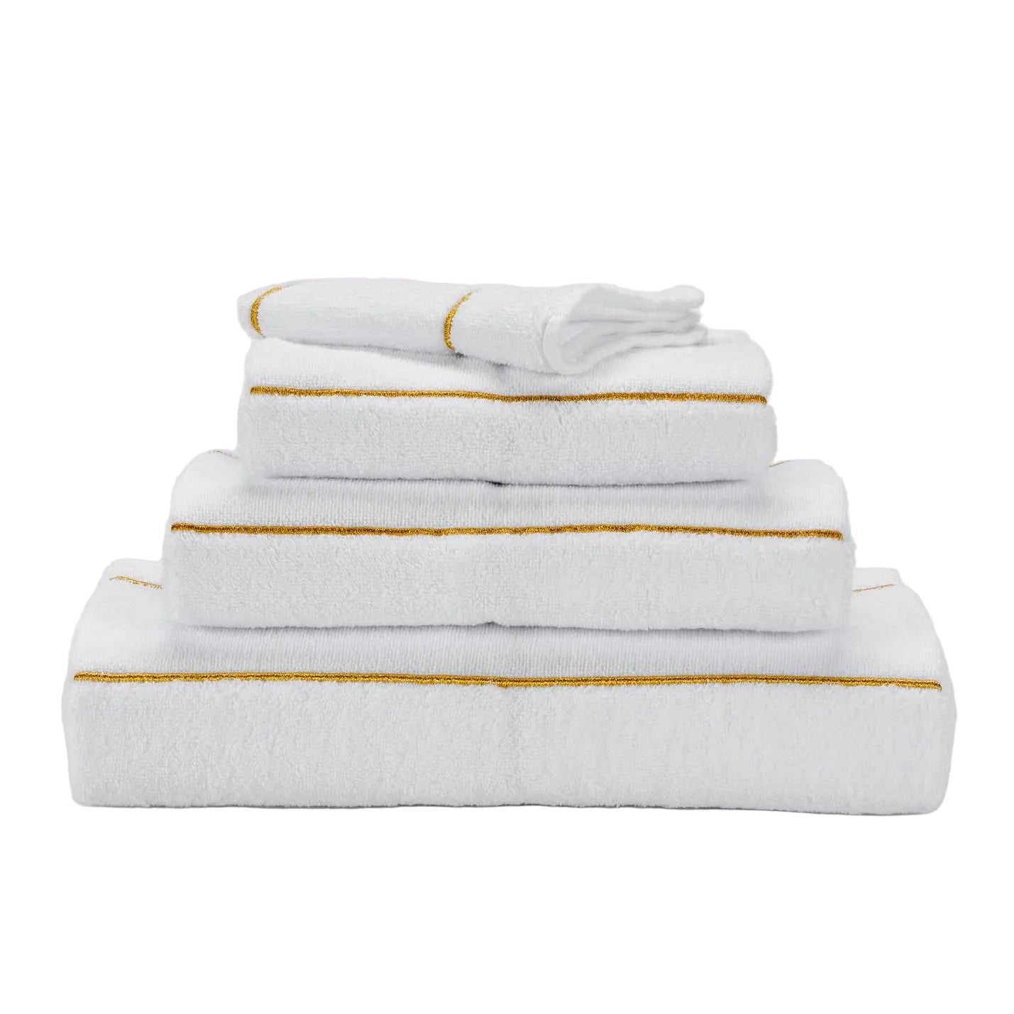 Stack of white towels with gold trim on a light gray background