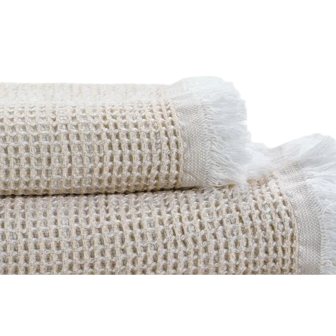 Two beige textured towels on a white background